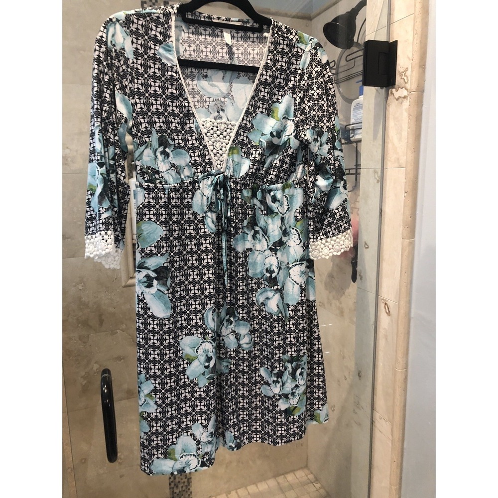 Soma Black Blue White Crochet V-Neck Empire Waist Dress XS 3/4 Sleeve